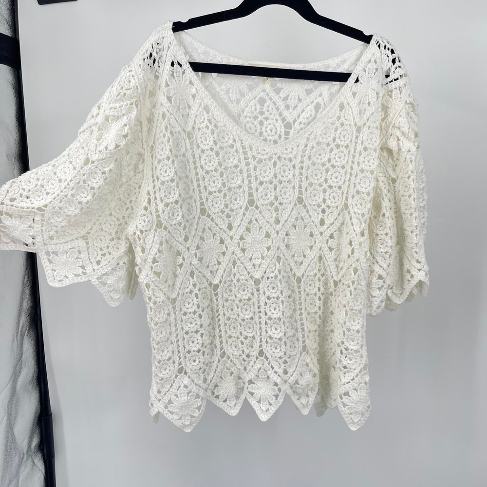 Women's Boho Cottagecore Crotchet Knit Top XS Floral Scalloped Coastal Retro